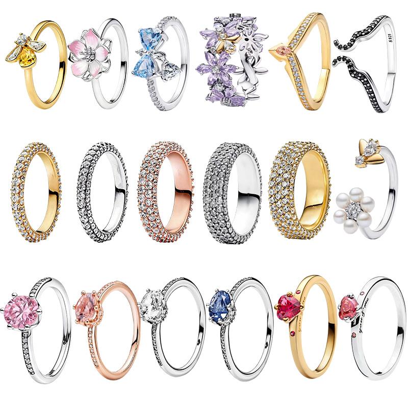 New S925 Silver Red Rose Bow Simple Love Ring Card Snowflake Series Ice Linghua Gold Bee Flower Ring Jewelry