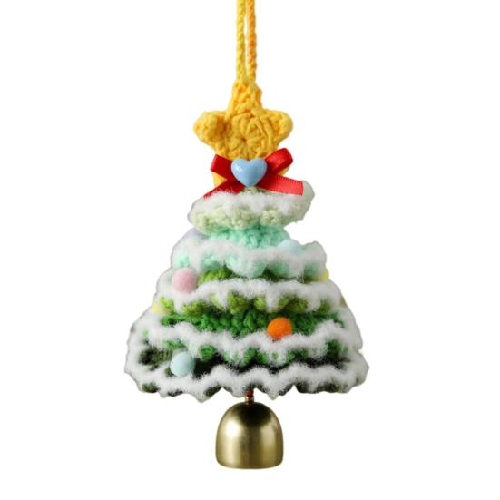 Handmade Mini Knitted Christmas Tree Ornament Multi-Layered Crochet Snow Flocked Tree with Gold Bells