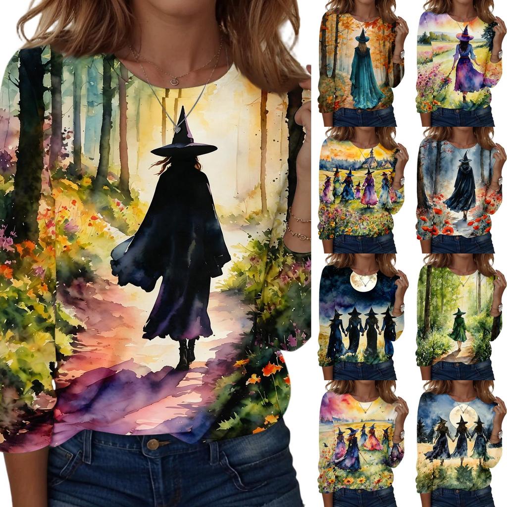 Women's Halloween Print Oversized Long Sleeve Round Neck Top