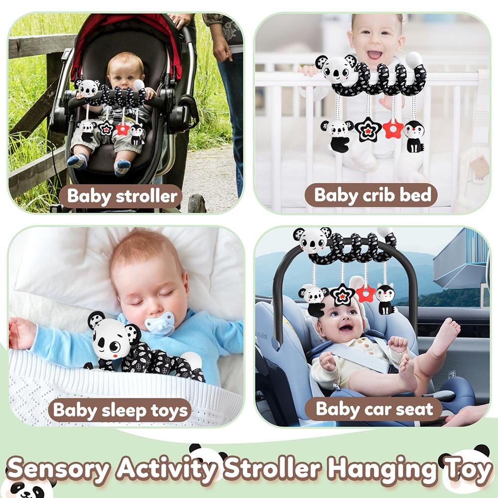 Newborns Spiral Hanging Activity Stroller Toy Baby Carseat Toy Black & White Lion Koala Rattle for Crib Mobile Sensory Toy Gift