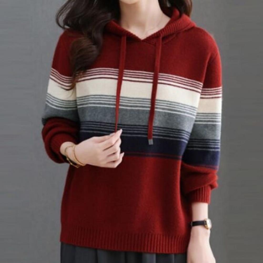 Navava Men Loose Fit Striped Color Block Long Sleeve Hoodie Knit Top Nk3389