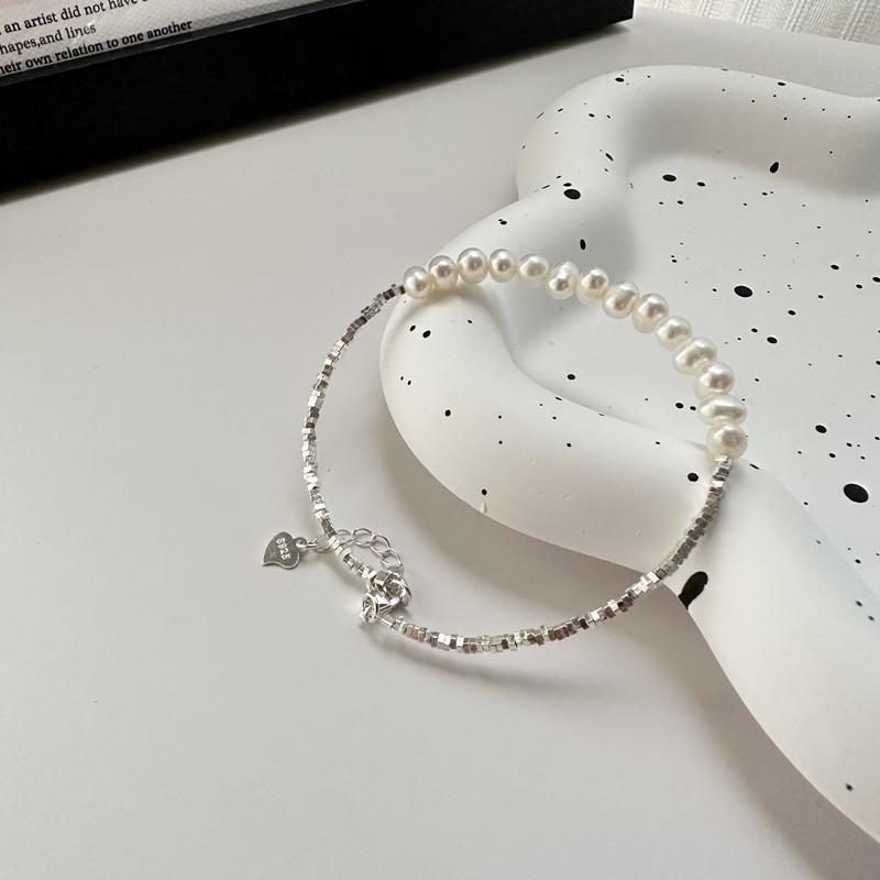 S925 Sterling Silver Fashion Pearl Broken Silver Necklace Korean Style Simple Fashion Collarbone Chain