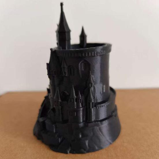 Dark Castle Pen Holder Large-Diameter Storage Desktop Organizer with 3D Micro-Landscape Design Distressed Black Gray Texture Durable Fantasy Decor