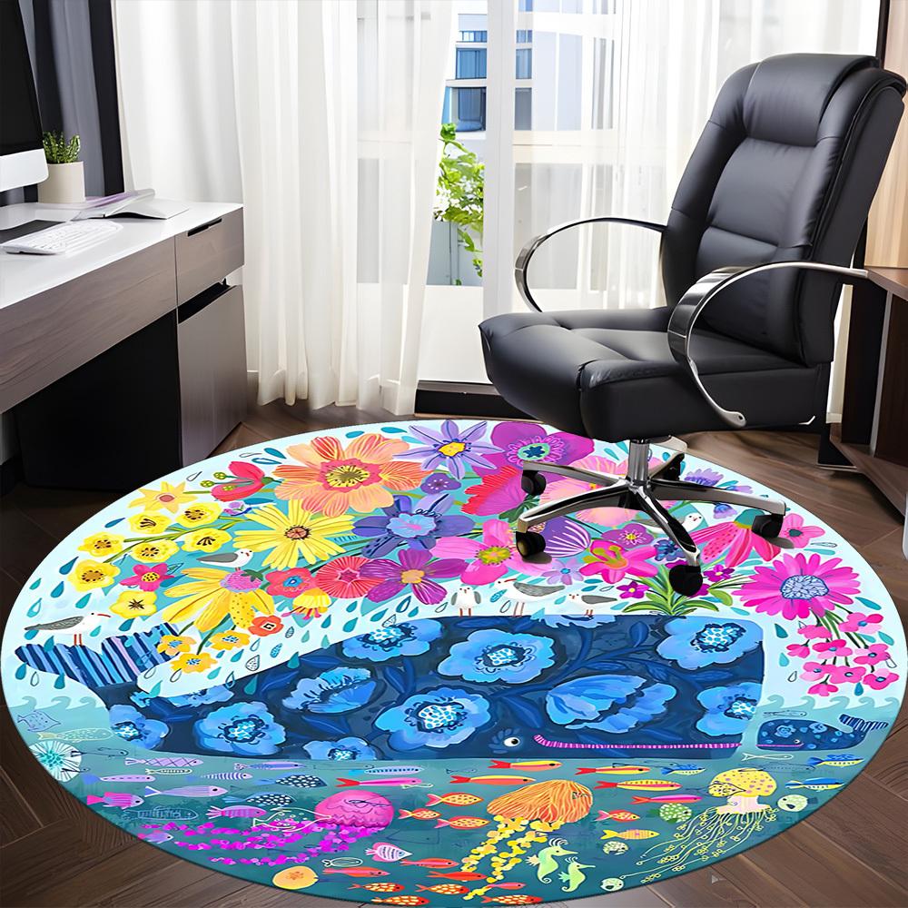 1PC Whale Flowers Office Round Area Rug, Indoor Mat Suitable ForOffice, Under Office Chairs Bedroom Living Room Home Decor, Room Deco, D092