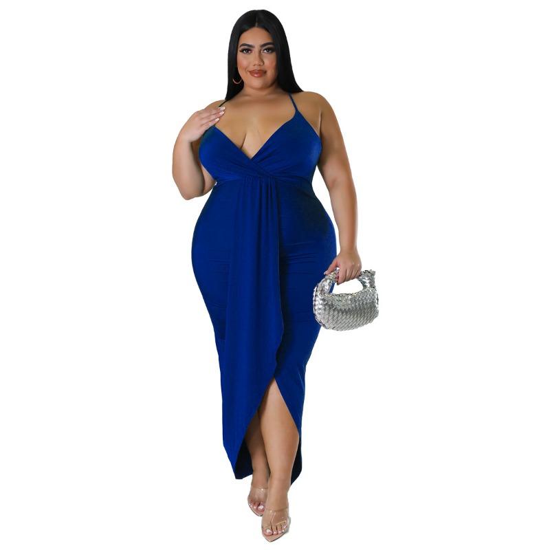 Plus Size Black Halter Deep V Neck Twist Front Ruched Split Bodycon Maxi Dress