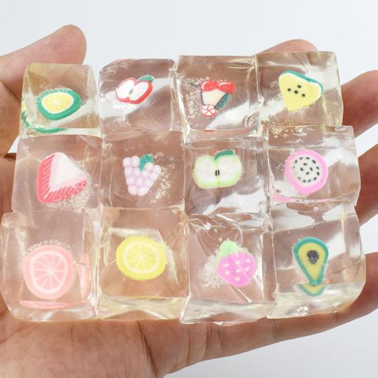 15Pcs Fruit Ice Cube Squeeze Toy Stress Relief Clear Cube Sensory Toy Soft Stretchy Transparent Cube Hand Relaxation Toy Party