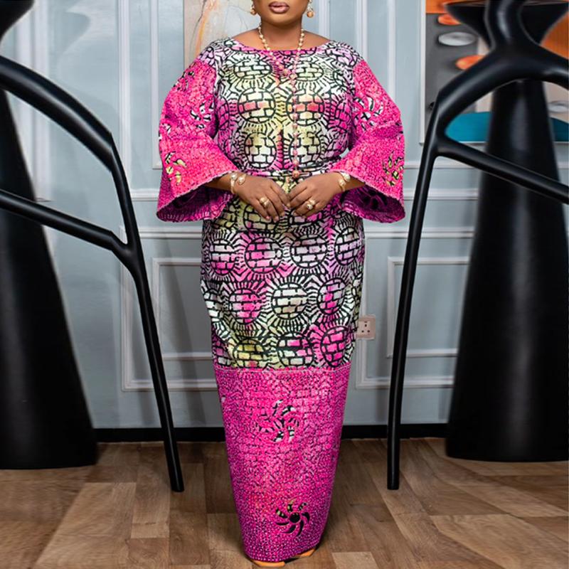 Women Plus Size Round Neck Long Sleeve Printed Loose Dresses