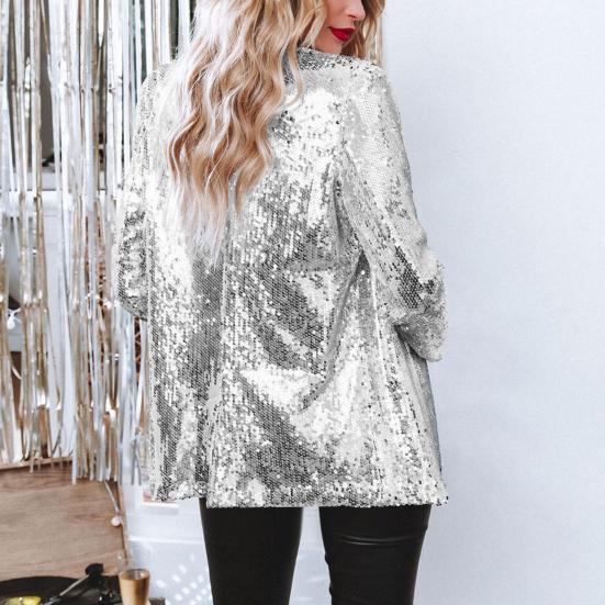 Women's Sequin Jacket Shiny Open Front Blazer Jacket Evening Party Sparkly Long Sleeve Cardigan Coat with Pockets