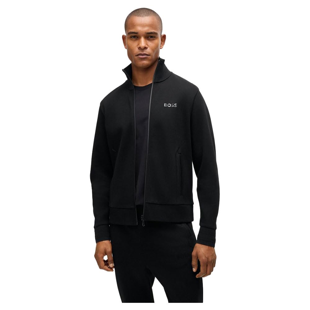 

BOSS Jacquard Collar Cuff Cotton Blend Size Black Men s & Zip-Up Sweatshirt, Small, чёрный