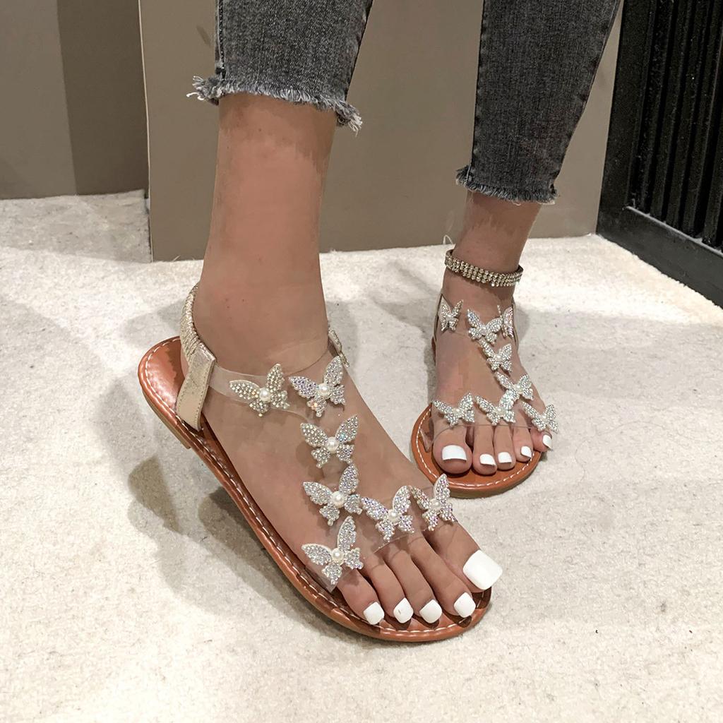 Wide Width Sandals For Women 10w Ladies Summer Rhinestones With Butterfly Flowers Flat Clear Line With Plus Sandalias De TacóN