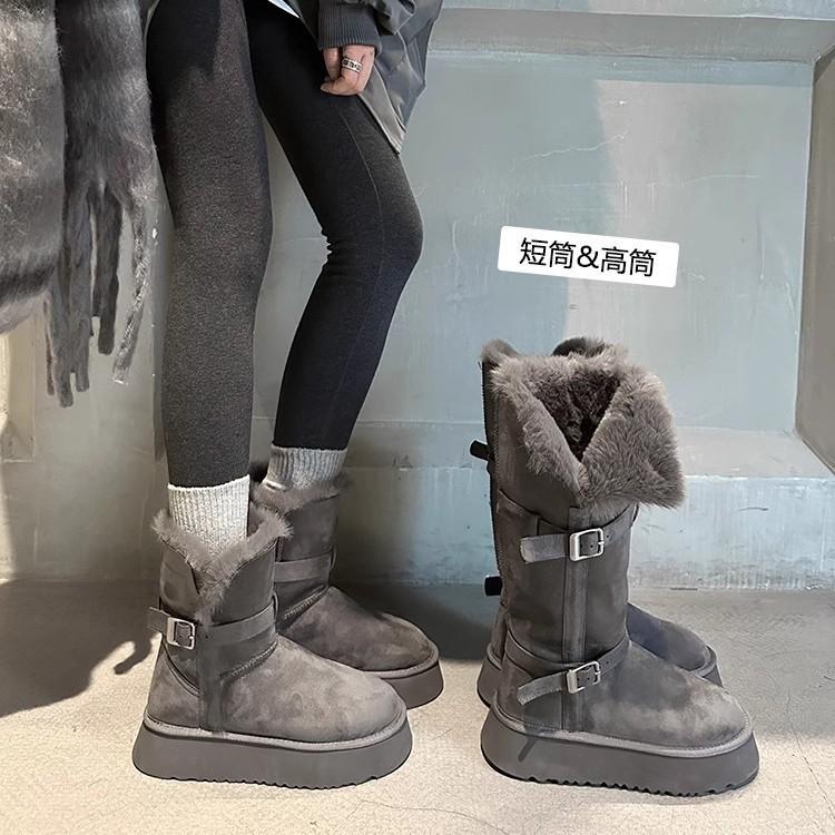 Thickened warm gray snow boots women's 2025 winter new thick-soled heightening piled thickened long-tube snow cotton shoes