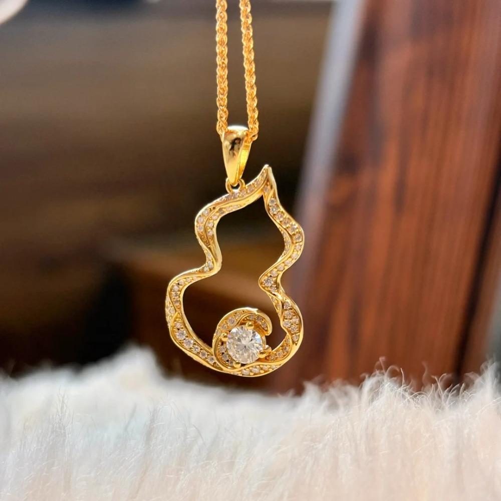 

Luxury Chinese Gourd Pendant Necklace Vintage Diamond Rhinestone Ribbon Gold Plated Women Fashion Collarbone Chain