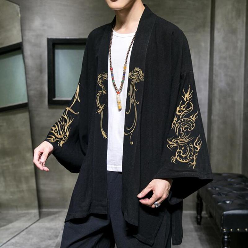 

Модный костюм с вышивкой Hanfu, мужской халат в китайском стиле, куртка-кардиган, кимоно большого размера, древнее пальто, мужское M чёрный