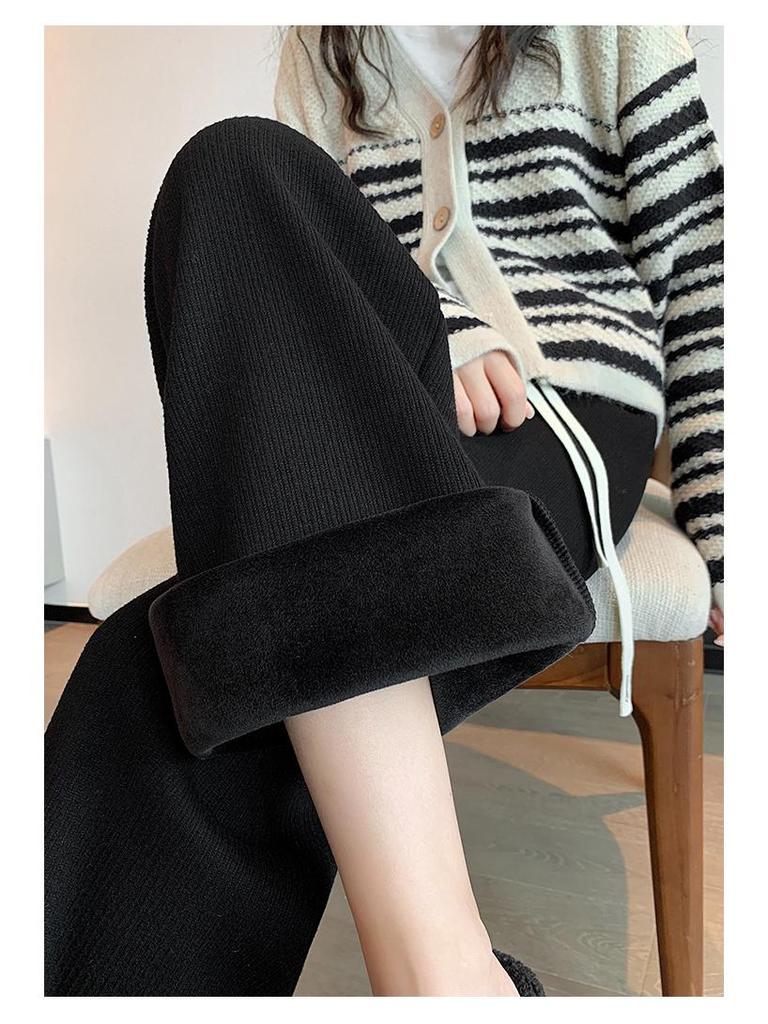 Women's High-Waist Fleece-Lined Wide-Leg Pants - Soft, Knitted, Loose-Fit for Autumn/Winter.