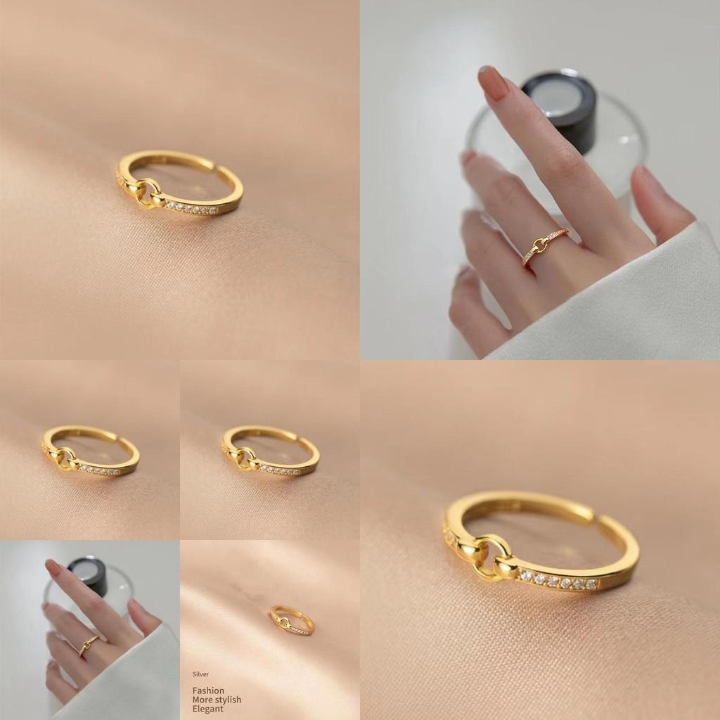 Fashionable Gold Plated Copper Adjustable Geometric Round Ring With Dazzling Diamonds