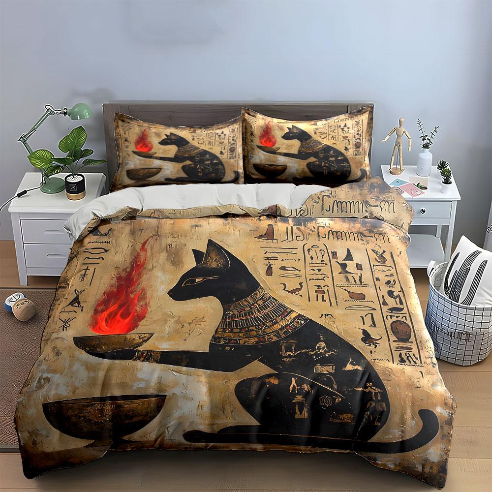 Egyptian Cat with Fire Bowl Bedding Duvet Cover Set  (1*Duvet Cover 2*Pillowcases, without duvet insert)