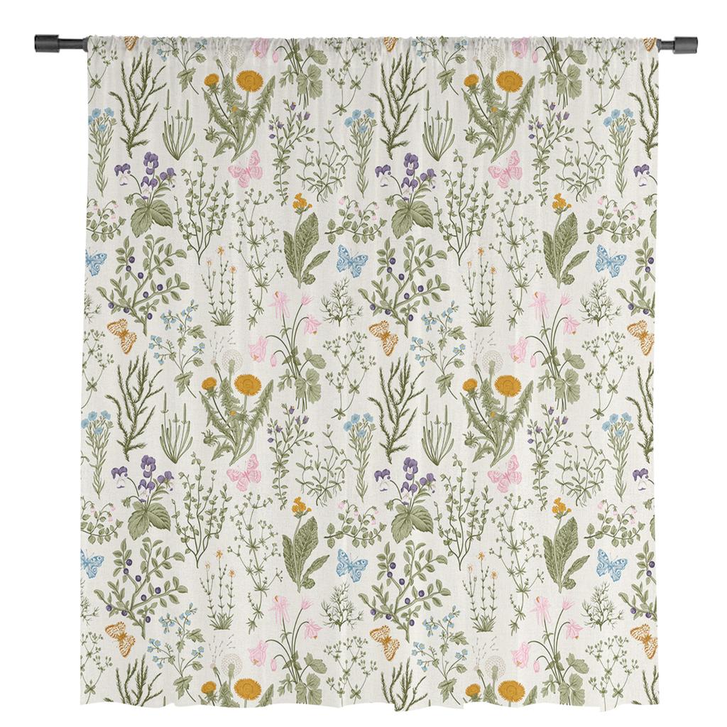 Vintage Kräuterblumen Schmetterling Blume Transparente Vorhänge für Wohnzimmerdeko Fenstergardinen Küche Tüll Voile Vorhänge