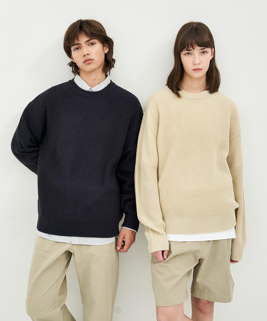 BASIC HOUSE Uni Daily Round Neck Knit Dark Navy Lxkt2101
