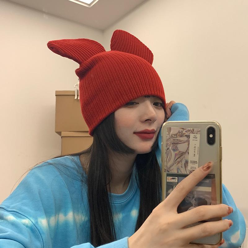 

Черная шерстяная шапка женская осенне-зимняя корейская версия модная универсальная симпатичная большая ушка пара теплая вязаная шапка мужская M（56-58cm） красный