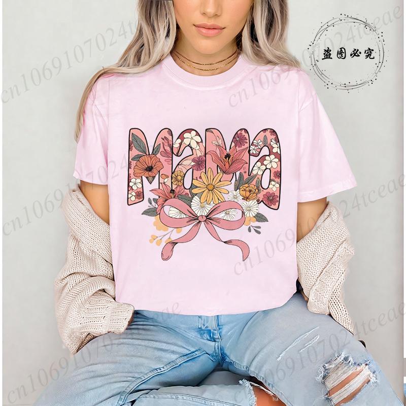 Floral Coquette T-Shirt,Pink Bow Tee Floral Mama T-Shirt for Women Vintage Retro Mama Shirt Wildflowers Mama Women s Clothing M