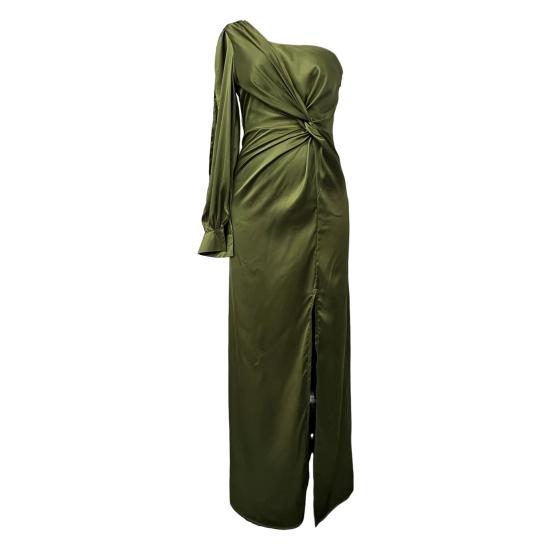 

Lady Evening Dress One Shoulder Single Open Sleeve Split Hem Solid Color S темно-зеленого