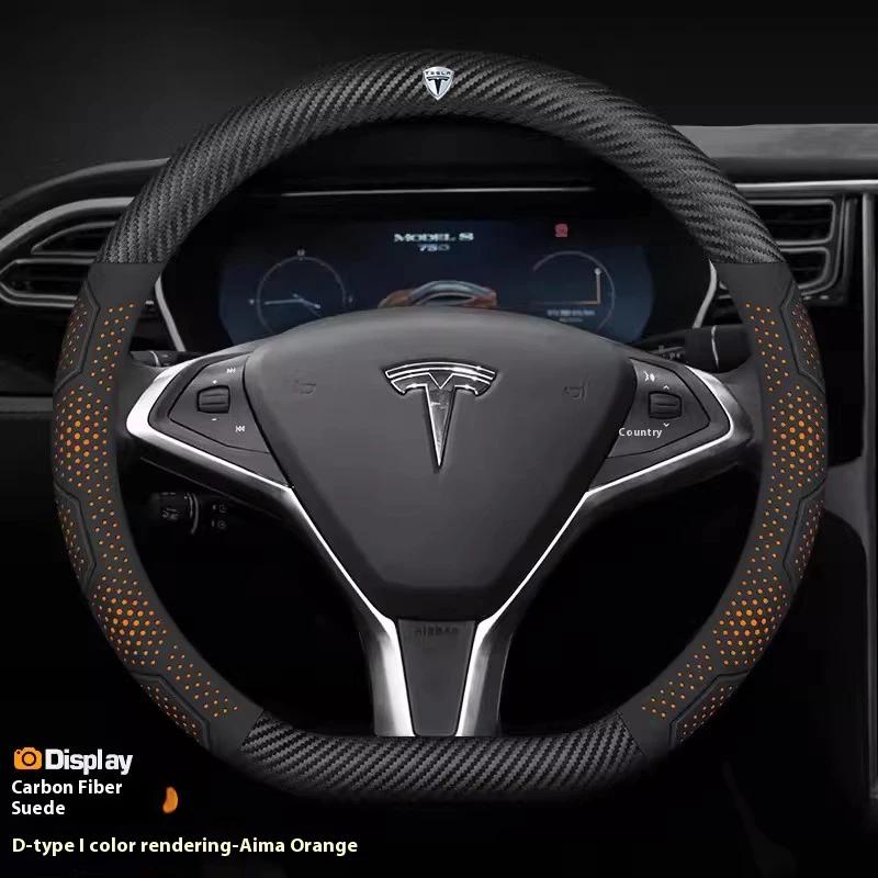 ALM1 Tesla Model 3 Y S Model X Roadster Car Carbon Fiber Suede Leather Anti-slip Breathable Car Steering Wheel Cover Auto Accessories
