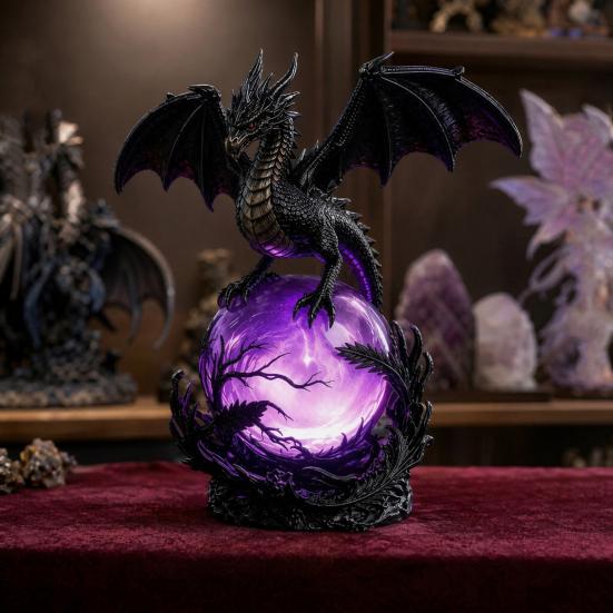 Dragon Faux Crystal Ball Lamp, Gothic USB Night Light, Dark Fantasy Resin Decor for Desk Bedroom, Halloween Gift for Gothic Lovers