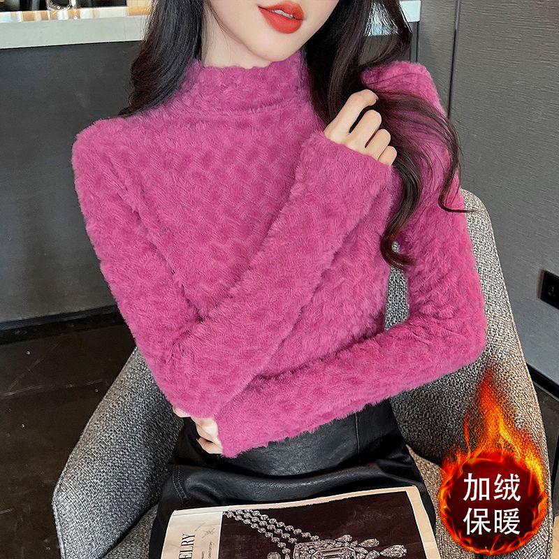 Autumn Winter Velvet New Versatile Semi High Neck Women's Clothing Slim Fit Long Sleeved Western-style Lace Wool Bottoming Shirt