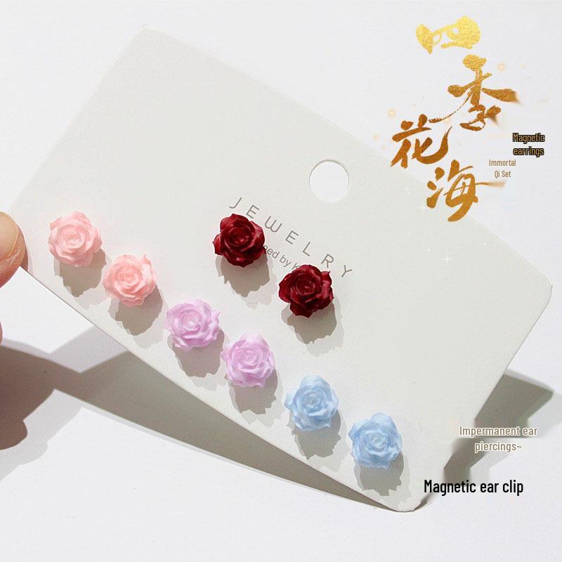 Cherry Blossom Pink Camellia Stud Earrings - Cute & Sweet Set with Magnetic Clips, Fresh Style.