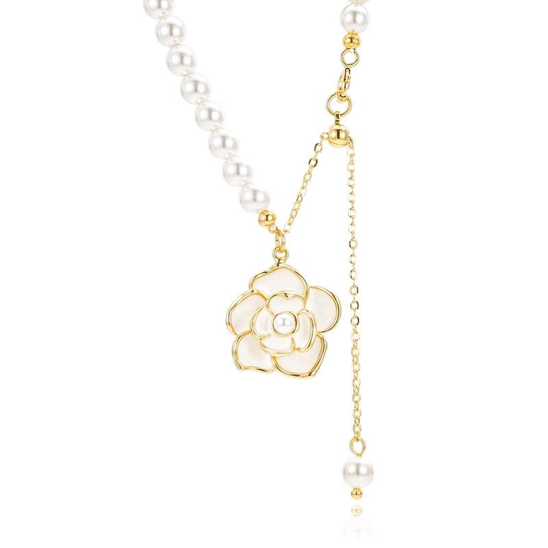 Camellia Pearl Necklace Fashion Light Luxury Rice Grain Freshwater Pearl Niche Sweater Chain Pull Adjustable Clavicle Chain