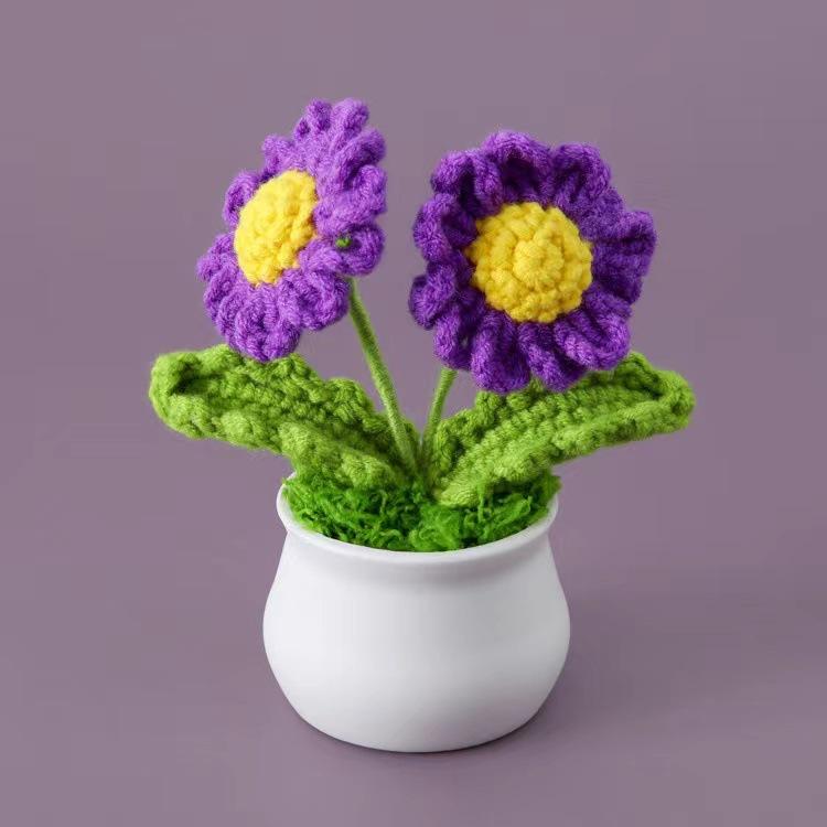 Hand-Knitted Wool Fake Flowers Set: Sunflower, Carnation, Tulip - Desktop Decor, Teacher/Student Gift, Everlasting Bouquet