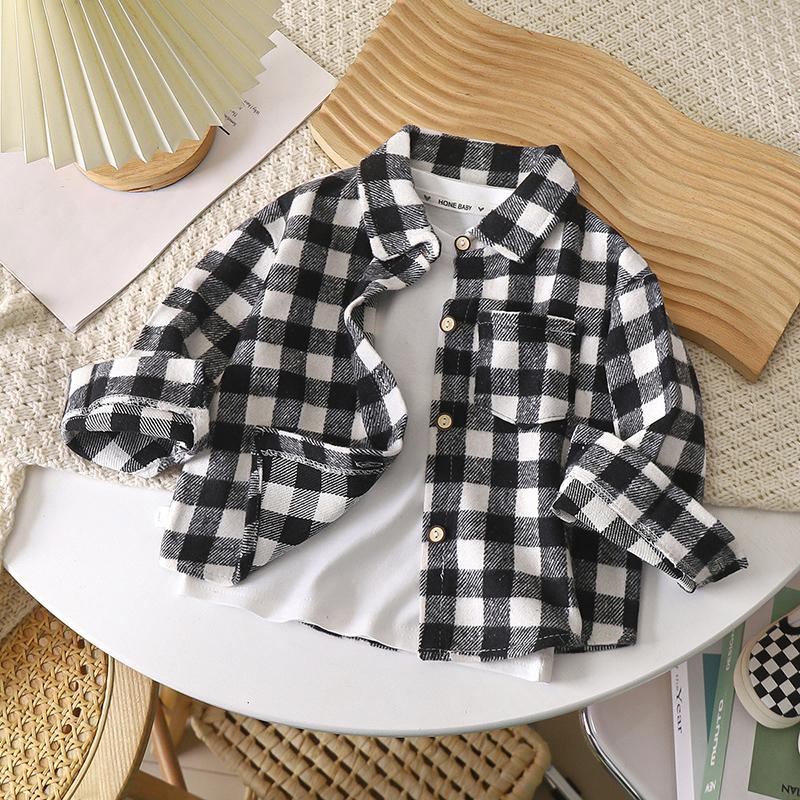 Children's  Boys and Girls Retro Plaid Boys Versatile  Shirt Brushed Shirt Spring and Autumn Baby Handsome Plaid Shirt