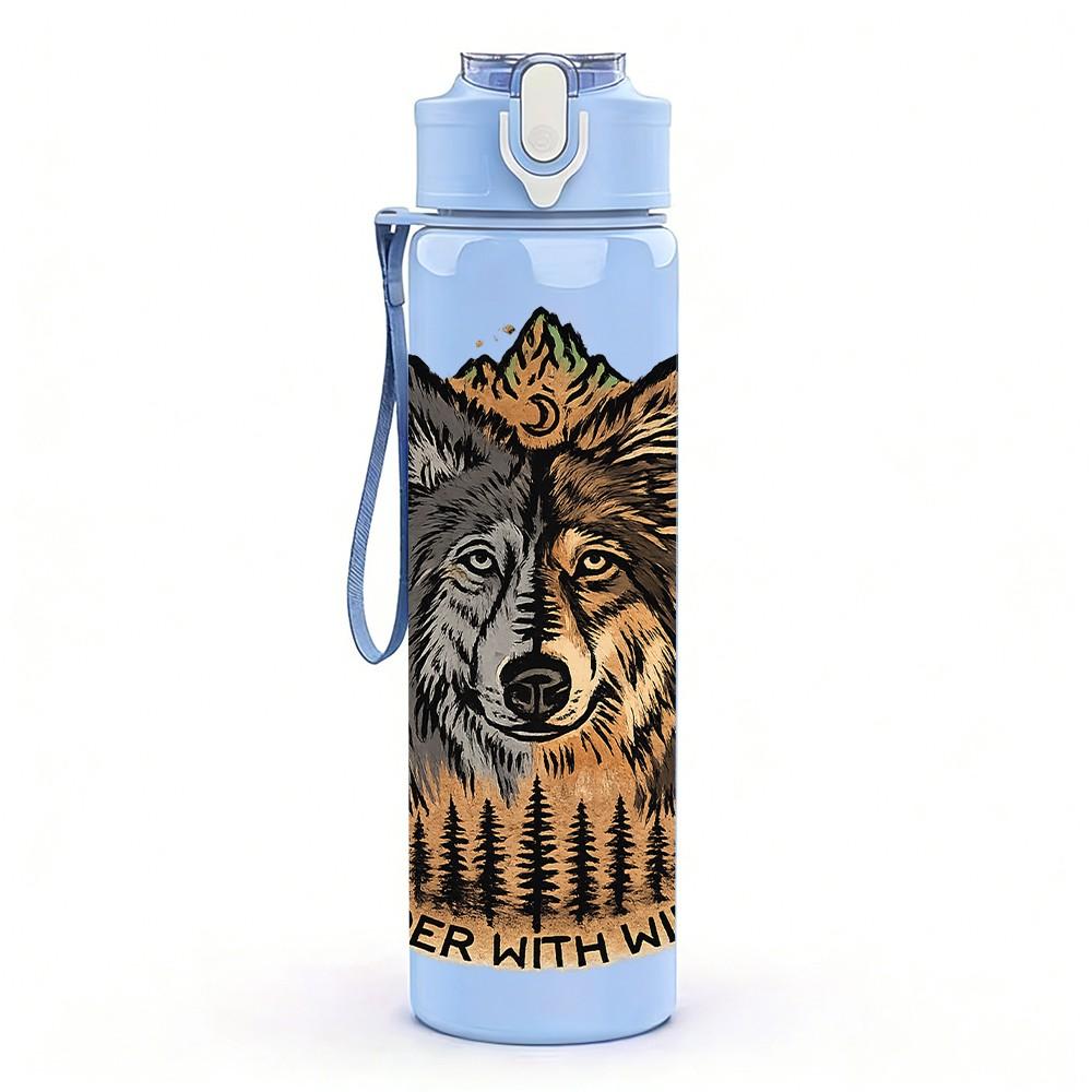 1PC Wolf Head Fur Texture Art Print 750ml Color Plastic Sports Water Bottle Leakproof Flip Straw Lid Suitable for Sports Office Home Use