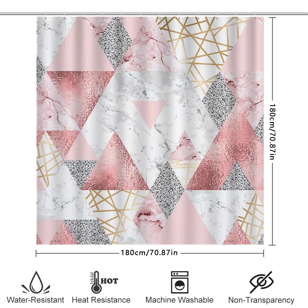 Modern Geometric Triangle Marble Shower Curtain for Bathroom Decor Home Accessories Waterproof Bath Rug Set in Pink White Blac