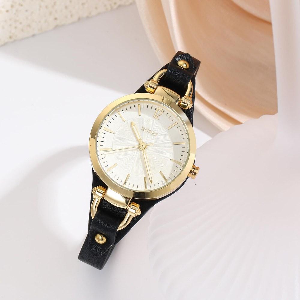 BUREI Ladies' Analog Quartz Waterproof Slim Leather Band Watch Large Dial Simple Stylish Lightweight Women Gift Gold Black Leather
