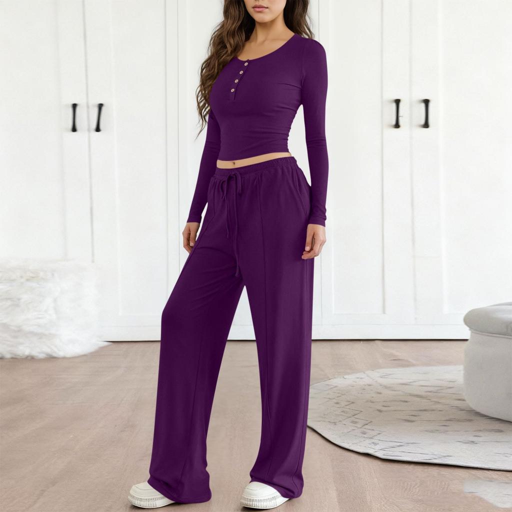 Fashionable Women's Long Sleeve Wide Leg Pants Sports Outfit Loose Two-Piece Set