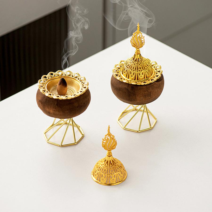 Retro Round Wood Octagonal Golden Metal Temple Table Decoration Aromatherapy Furnace Middle Eastern Arab Festival Incense Burner