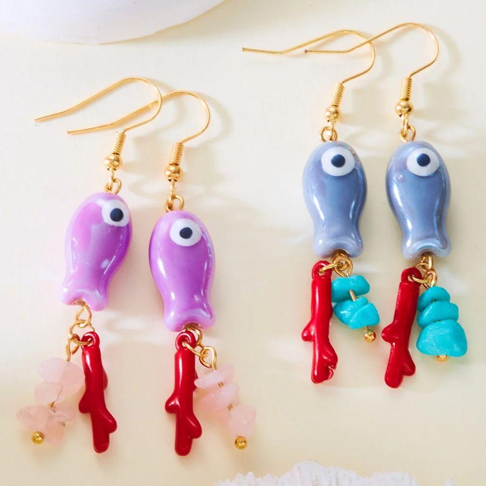 Bohemian Crushed Stone Ceramic Fish Earrings for Women Summer Style Handmade Rhinestone Fishtail Drop Earring Holiday Jewelry