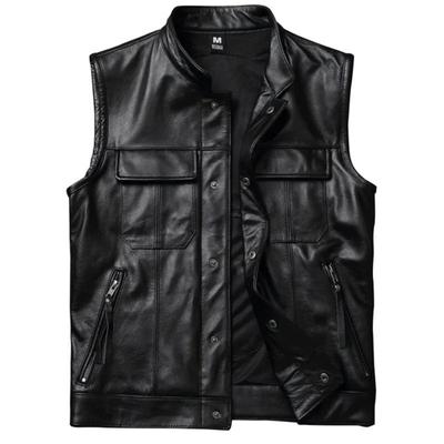 Chinese Size Genuine Cowhide Leather Harley Motorcycle Vests Real Cow Leather Jacket Sleeveless Black Moto Biker Vests Slim Fit Club Riding Spring