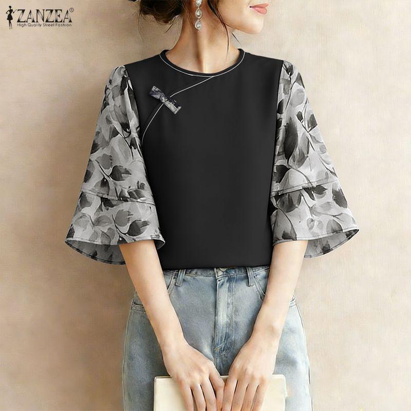 ZANZEA Damen Lässige Rundhals 3/4 Ärmel Locker Patchwork Bluse