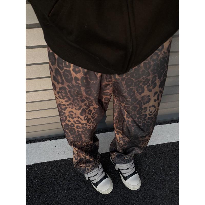 Mens Hip Hop Leopard Print Straight Leg Pants Casual Loose Wide Trousers Daily Wear