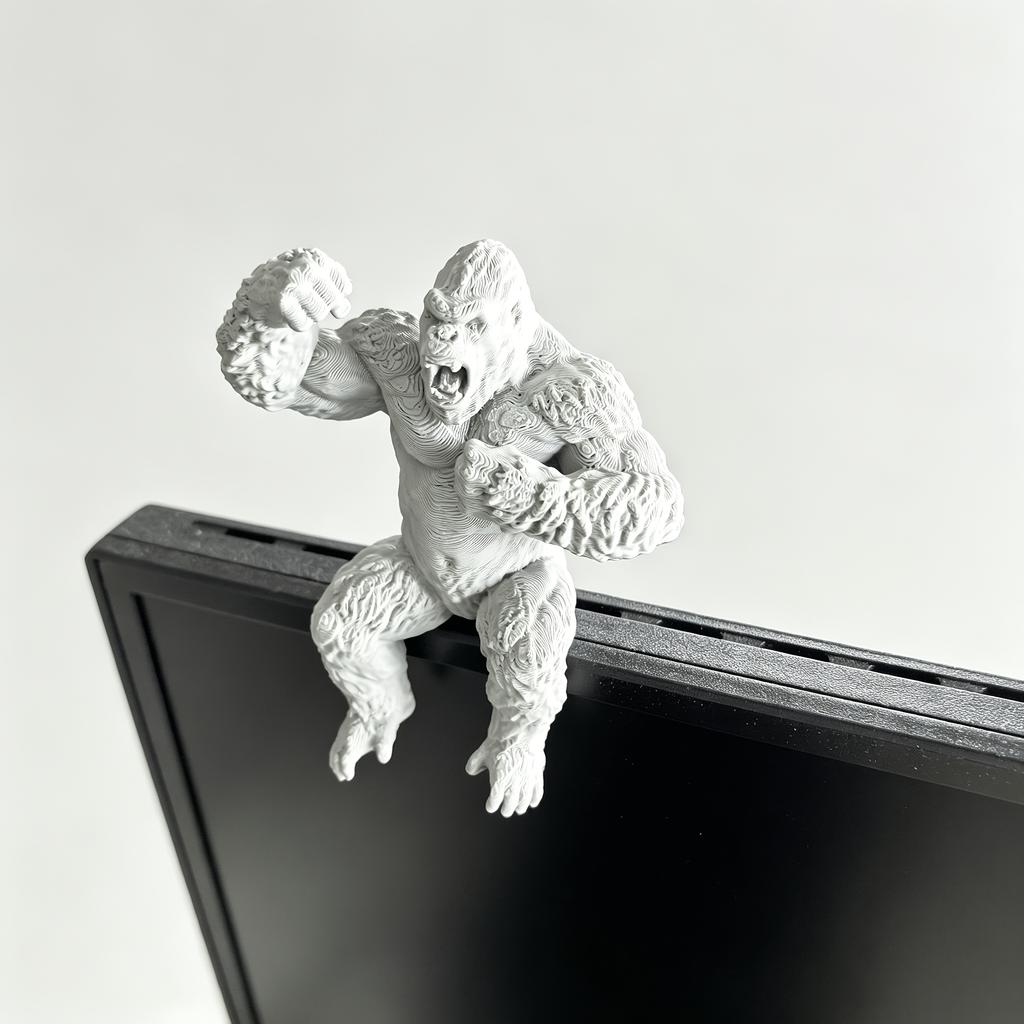 Creative Roar Gorilla Desk Monitor Topper Figurine 3D Printed Statue Grey Ape Ornament for Computer Monitor Shelves Office Decor