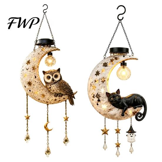 Crescent Moon Owl Solar Lanterns Owl/Cat Hanging Light, Outdoor Garden Wind Chime with LED Powered Lawn Decoration Lamps Waterproof Resin Decorative