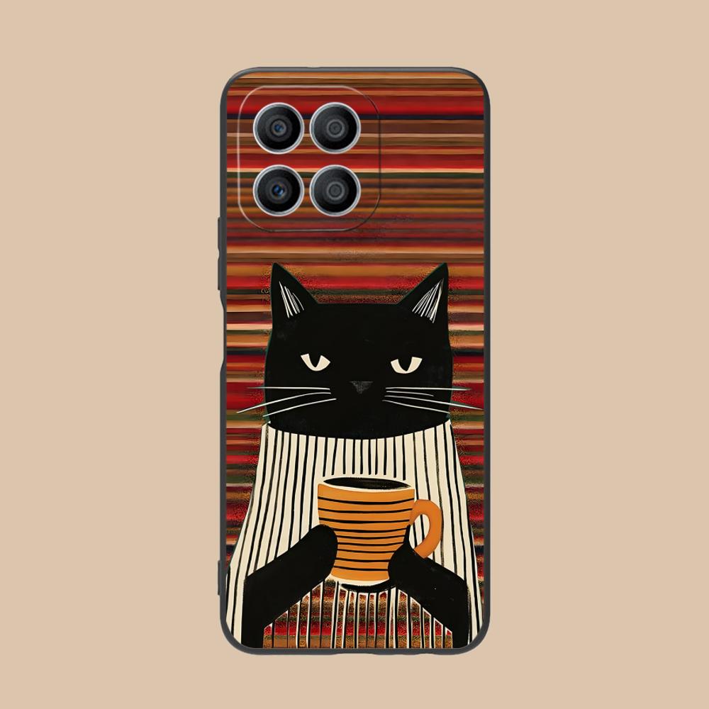 Cute Coffee Cat Matte TPU Mobile Phone Case for Honor 90 80 70 60 50 30 20 10 9 8 7 Pro S SE Lite 5G Colorful Printing Cover