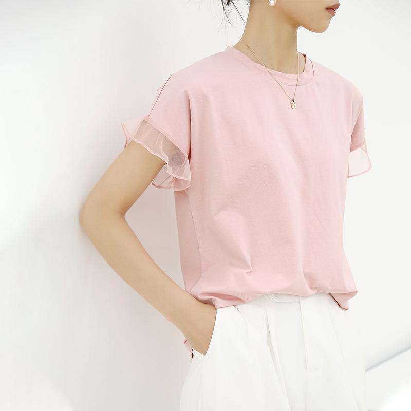 New Summer Mesh Ruffled Round Neck Cotton T-shirt for Women