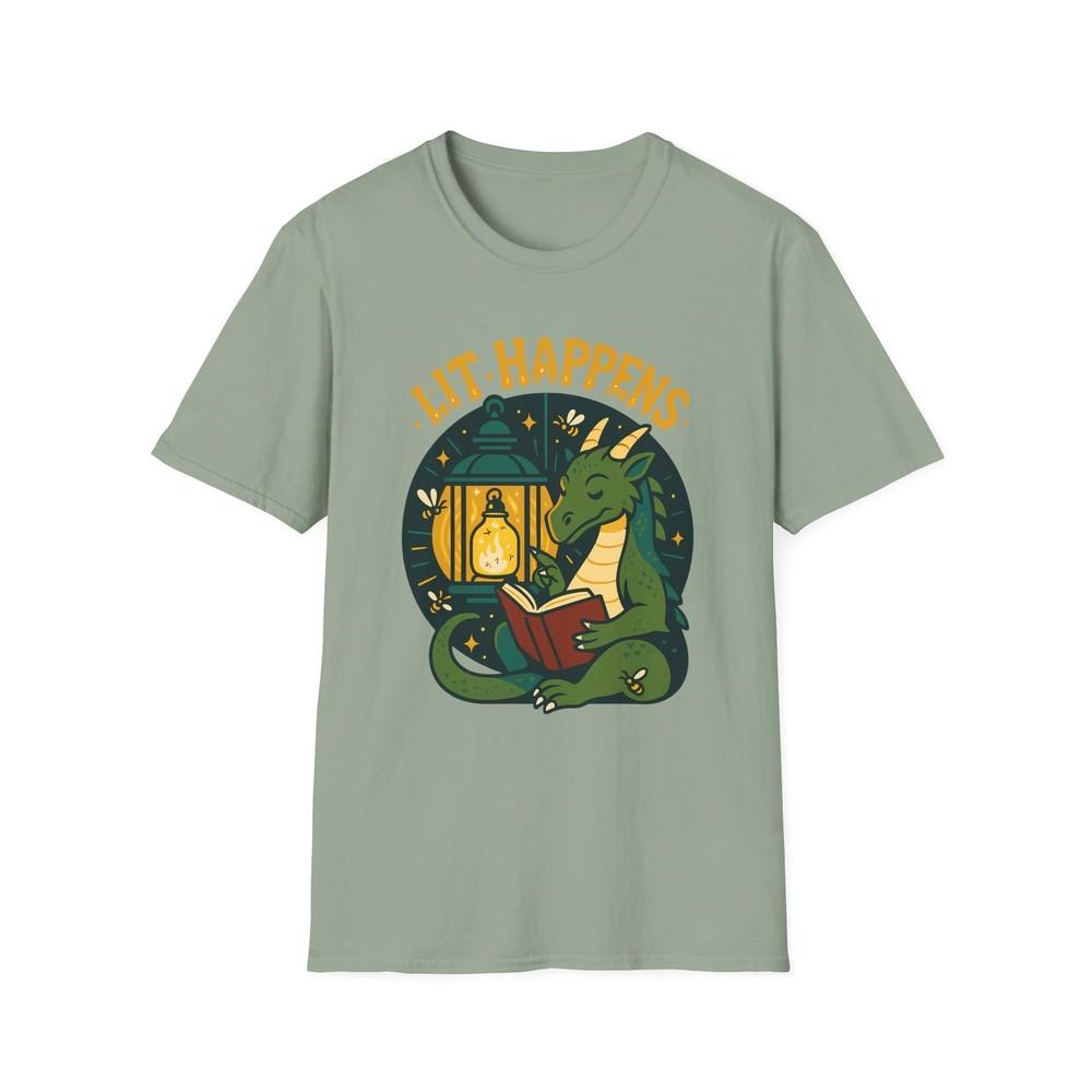 

Unisex Softstyle T-Shirt Moss-Green Dragon Reading Lantern Fireflies Graphic Tee M
