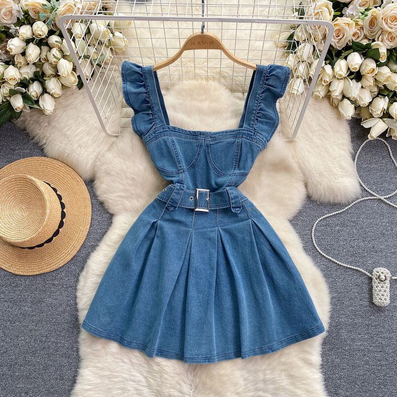 

K-style Women s Clothing Younger College Style Sweet Flying Sleeves Sling Dress Women s Retro Denim A- line Short Skirt Fashion Blue L
