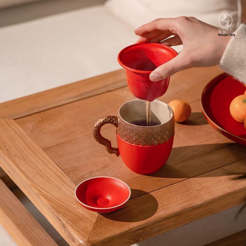 Edenus Dragon Master Ceramic Office Tea Cup with Vermilion Glaze