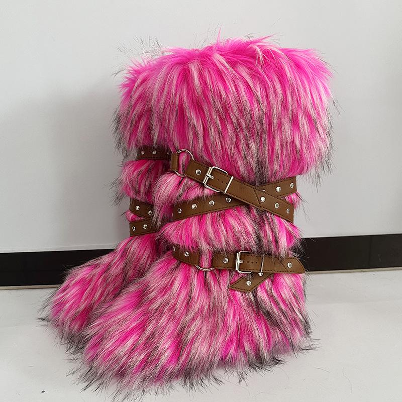 Damen Winterimitat Fuchsfell Stiefel Gürtel Punk Europäisch und Amerikanisch hoher Schaft 40 langer Schaft Schneestiefel Schuhe