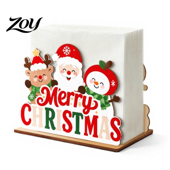 Decorative Wooden Napkin Stand Christmas Tissue Holder, Dispenser with Santa Gingerbread House Elk Rack Pattern, Organizer for Dining Table